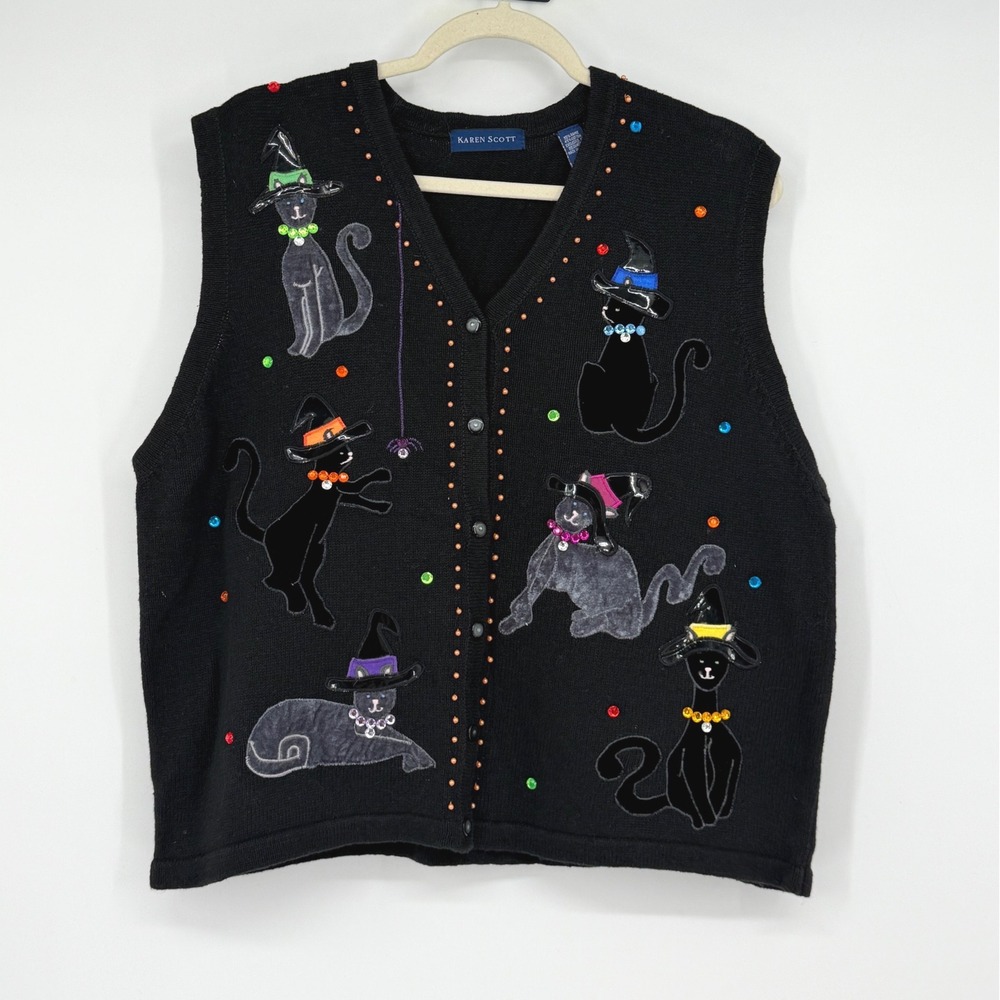 Vintage Halloween Black Cat Witch Sweater Vest Beaded Embroidered XL Sparkle